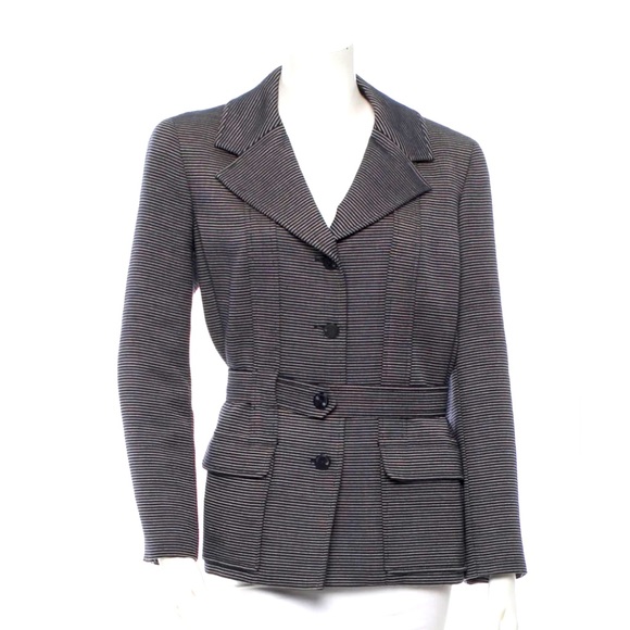 Chanel Wool Silk Jacket w belt 44 Navy stripe Vintage Spring 01 - Picture 1 of 8